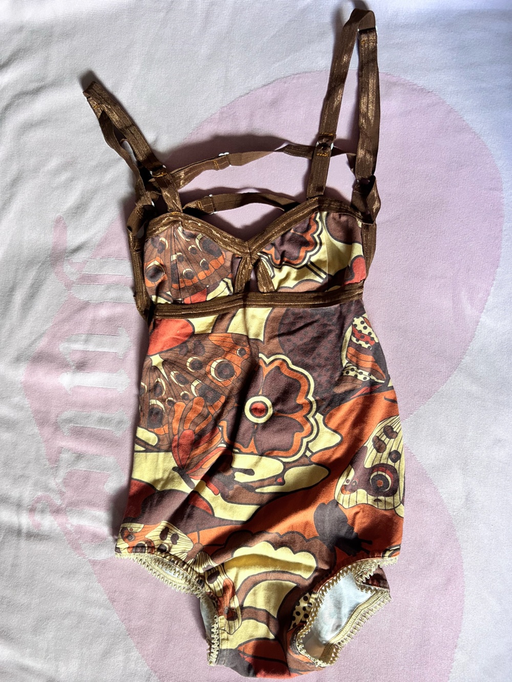 Solstice Intimates 60s / 70s Floral Butterfly Print Bodysuit Retro/Vintage Style